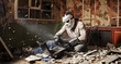 Masked man sitting near smashed laptop in rage room