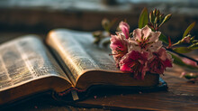 An Open "Holy Bible" With A Beautiful Flower Resting Between Its Pages, Book, Blurred Background, With Copy Space