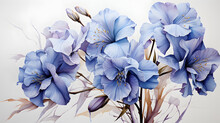 Watercolor Botanical Drawing Of A Blue Iris. Antique Faded White Background.