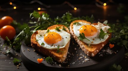  a black plate topped with two pieces of bread covered in an egg on top of lettuce and tomatoes.