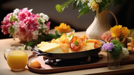 Wall Mural -  a pan of food sitting on top of a table next to a vase of flowers and a glass of orange juice.