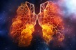 Illustration of pair of lungs, visibly impaired due to smoking, engulfed in fiery blaze