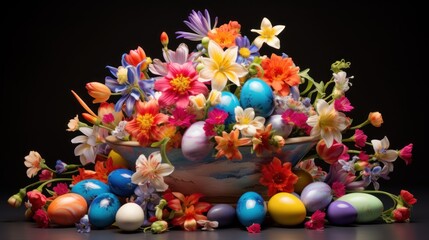 Sticker -  a vase filled with lots of colorful flowers sitting next to an assortment of eggs on top of a black surface.