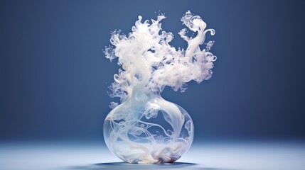 Poster -  a glass vase filled with white liquid on top of a blue table next to a blue wall and a blue wall behind it.