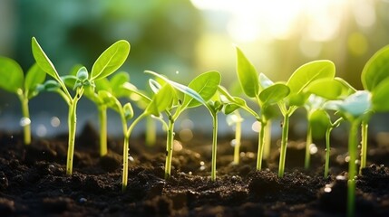 Poster -  a group of small green plants sprouting out of the soil in the sunbeams of a sunny day.