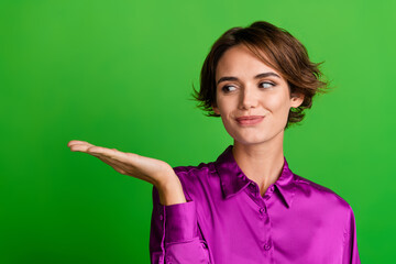 Sticker - Photo of gorgeous lovely lady dressed stylish pink clothes looking novelty empty space isolated on green color background