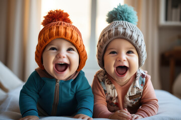 Canvas Print - Adorable baby twins dressed in matching funny hats, sharing contagious laughter that brightens the room. Generative Ai.