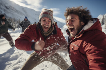 Wall Mural - Playful snowball fights erupting between friends, capturing the energetic and lighthearted spirit of winter fun. Generative Ai.