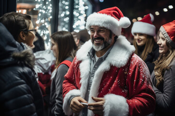 Wall Mural - A winter-themed costume party with attendees dressed in creative and humorous ensembles, adding a festive touch to the frosty celebration. Generative Ai.