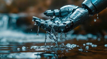 Wall Mural - close-up of a robot hand scooping water into its palm from a river or stream flow