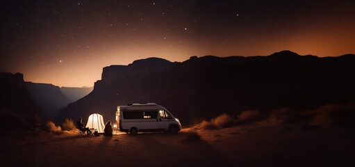 couple in love at night in a motorhome camper in nature on a trip