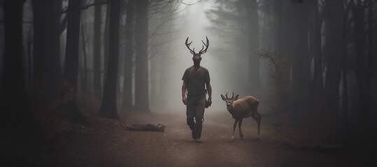 zombie apocalypse concept zombie virus near deer in the forest,  CWD — сhronic wasting disease