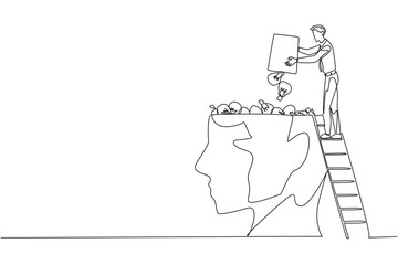 Wall Mural - Single continuous line drawing businessman climb to the large, open head with stairs. Throw away the lightbulb. Convey some ideas to increase profits. Brainwashing. One line design vector illustration