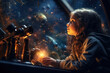 A girl exploring the wonders of astronomy through a telescope, fostering a love for science and discovery. Generative Ai.