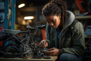 Canvas Print - A girl confidently fixing a bicycle, highlighting mechanical skills and independence. Generative Ai.