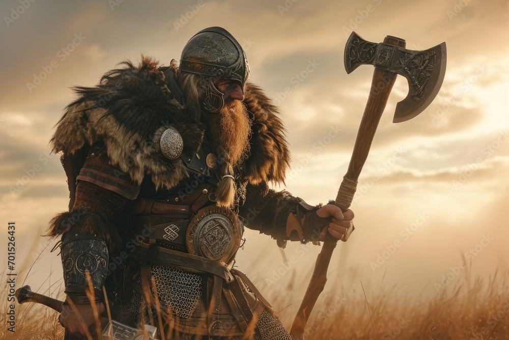 Photo Stock Nordic Fury: A Fierce Viking Warrior in Battle Gear ...