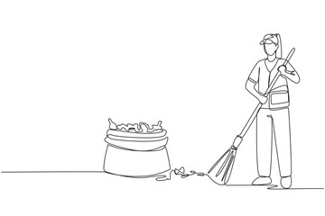 Wall Mural - Continuous one line drawing trash woman cleaning trash with broom. There is a large piece of plastic trash nearby. Clean fresh air, does not pollute lungs. Single line draw design vector illustration