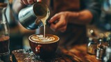 Barista pouring milk into coffee creating latte art