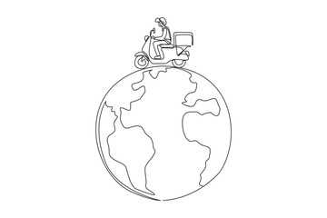 Wall Mural - Single one line drawing a man riding package motorbike. Delivering packages across countries and continents. Throws out a lot of carbon gas. Save the earth. Continuous line design graphic illustration