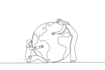 Wall Mural - Single continuous line drawing Arab man and Arab woman hugging the globe in their own style. Protect the earth. Love the earth. Environmental care. For better air. One line design vector illustration