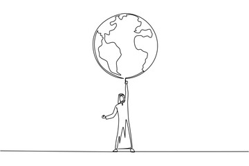 Sticker - Single one line drawing Arabian man standing lifting globe with one hand. In a healthy soul there is a strong body. No pollution. Green the earth. Protect. Continuous line design graphic illustration