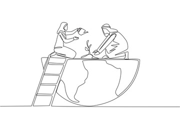 Wall Mural - Continuous one line drawing Arab man and Arab woman work together to plant trees. Together protect the earth. Do whatever it takes to keep the earth green. Single line draw design vector illustration