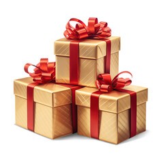 Golden gift boxes with red bow. Cut out on transparent