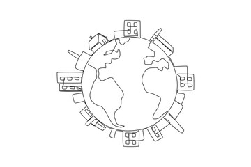 Wall Mural - continuous one line drawing buildings surround edge of the globe. industrial area. mostly there is p