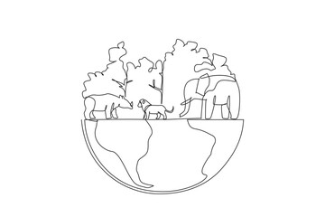 Wall Mural - Single continuous line drawing lush trees and several animals. Habitat for living creatures. A maintained ecosystem ensures that animal populations are maintained. One line design vector illustration