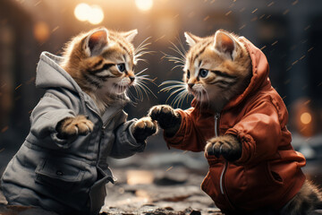 Poster - A pair of energetic and playful kittens engaged in a friendly wrestling match, illustrating the playful nature of young feline companions. Concept of kitten antics. Generative Ai.