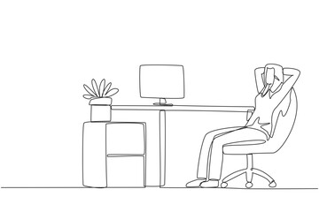 Wall Mural - Single one line drawing relaxed woman sitting in a work chair with her hands behind her head. Relax at break time. Monitor work that is still incomplete. Continuous line design graphic illustration