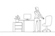 Single continuous line drawing woman stands with her hands behind her back. Avoid serious injuries due to rarely exercising. Take time to stretch at the office. One line design vector illustration