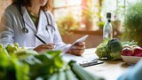 Fototapeta  - Nutritionist with fresh vegetables and clipboard on a bright table