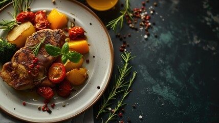 Wall Mural - Gourmet roasted chicken and vegetables on a dark, moody background