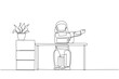 Continuous one line drawing astronaut sitting in a work chair with his arms crossed. Warm up seriously before continuing busy work. Cosmonaut outer space. Single line draw design vector illustration