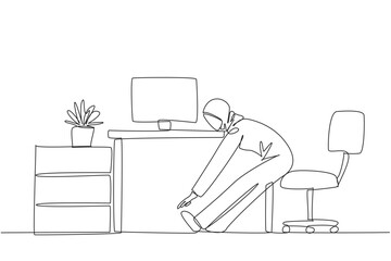 Wall Mural - Continuous one line drawing Arabian woman sitting in work chair with legs straightened. Stretching. Focus improves. Not sleepy. Completed work. Hectic. Single line draw design vector illustration