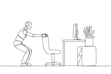 Single Continuous Line Drawing Smart Robot Stands With A Slight Bend And Both Hands Hold The Top Of Chair. Guide Robot. Example Of Exercise While At The Office. One Line Design Vector Illustration