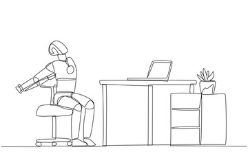 Single continuous line drawing robot sitting in work chair stretching arms behind back. Stretching robot. Programmed like humans in general. Future technology AI. One line design vector illustration
