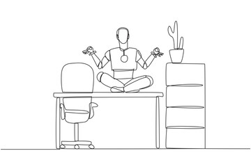 Single continuous line drawing smart robot sitting cross-legged on a work desk. Artificial intelligence makes people behave like humans. Relaxing yoga. Future tech. One line design vector illustration