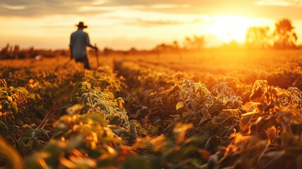 Wall Mural - farmer walking through the fields at sunset