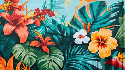 Wall Mural - Tropical Oasis: Colorful Graffiti Mural of a Lively Paradise