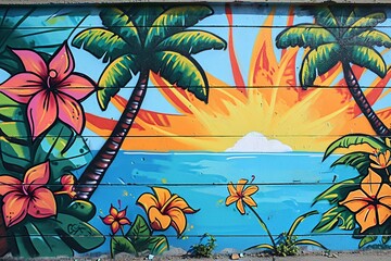 Wall Mural - Tropical Oasis: Colorful Graffiti Mural of a Lively Paradise