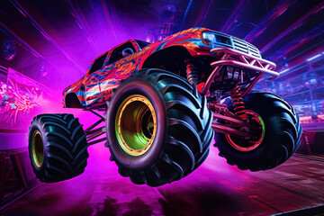 Wall Mural - Monster truck with neon lighting, jumping off-road in cloud of dust. Excitement and thrill of an extreme sport