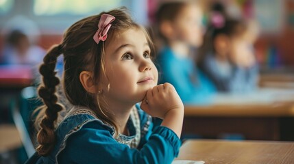 little student girl studying at school, cute little girl sitting at a desk in a classroom at school listening and studying very focus, looking up to the teacher, with copy space.