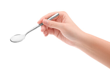 Wall Mural - Woman holding new shiny spoon on white background, closeup