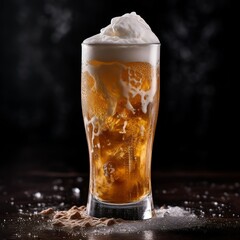 A glass of cold fresh beer with cap of foam. Splash of foam with tasty american beer. Beer day