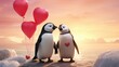 © CYBERUSS - Couple of cute penguin cartoon on romantic valentines background. Valentine's day greeting card, in love
