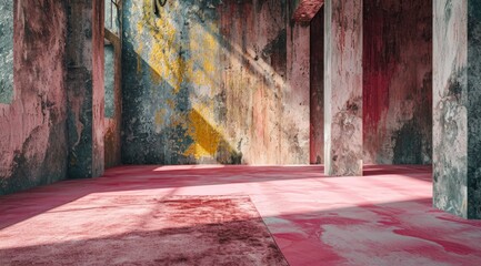 an abstract room with pink carpet and paint colors on it, in the style of realistic and naturalistic textures, romantic colors,