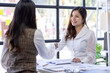© David - Business woman offer and give hand for handshake in office. Successful job interview. Apply for loan in bank. Salesman, bank worker or lawyer shake for deal, agreement or sale. Increase of salary.
