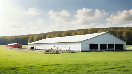 Farm building with cows in the village. aerial view. Cowshed near agriculture field. Cow Dairy. Farm animals and Agronomy. Farm barn.